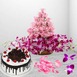 Superb Mixed Flower Basket with Black Forest Cake