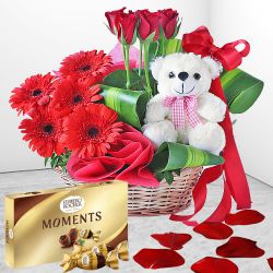 Ecstatic Valentine Gift of Red Flowers with Teddy n Ferrero Rocher Chocolates