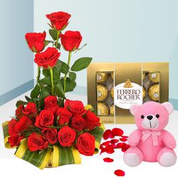 Designer 18 Red Roses with Ferrero Rocher Chocolates and Teddy