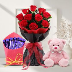 Exotic Roses Bunch with Chocolates N Teddy	