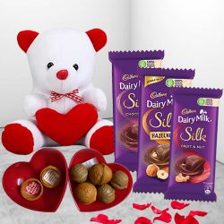Adorable Teddy, Love Message Box with Cadbury Silk for Valentine