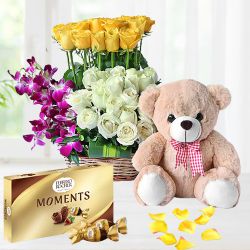 Delightful Assorted Flowers Basket with Ferrero Rocher Chocolates n 6in Teddy
