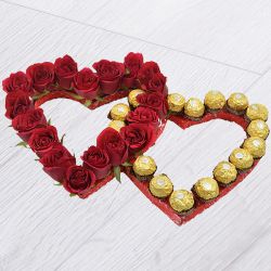 Delightful Red Roses n Ferrero Rocher in Dual Heart Arrangement