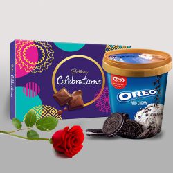 Blooming Red Rose with Cadbury Celebration n Kwality Walls Oreo Ice Cream