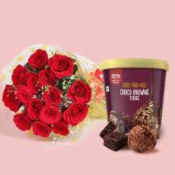Delightful Red Roses with Kwality Walls Choco Brownie Fudge Ice-Cream