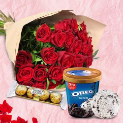 Classic Kwality Walls Oreo Ice Cream with Red Roses Bouquet n Ferrero Rocher