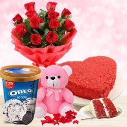 Impressive Red Roses N Kwality Walls Oreo Ice Cream with Teddy n Red Velvet Cake