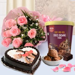 Classy Pink Roses with Kwality Walls Choco Brownie Ice Cream n Love Photo Cake