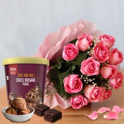 Soft Pink Roses with Kwality Walls Choco Brownie Fudge Ice Cream