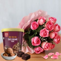 Soft Pink Roses with Kwality Walls Choco Brownie Fudge Ice Cream to Alwaye