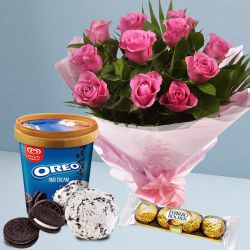 Yummy Kwality Walls Oreo Ice Cream with Pink Roses Bouquet n Ferrero Rocher