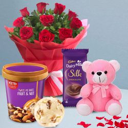 Exotic Red Roses n Kwality Walls Twin Flavor Ice Cream with Teddy n Cadbury Silk to Kanyakumari