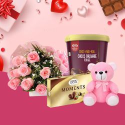 Stunning Pink Roses n Kwality Walls Choco Brownie Ice Cream with Ferrero Moments n Teddy