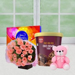 Captivating Pink Roses n Kwality Walls Brownie Ice Cream with Cadbury Chocolate n Teddy to Gudalur (nilgiris)