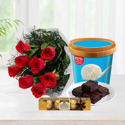 Captivating Kwality Walls Vanilla Ice Cream n Red Roses with Brownie n Ferrero Rocher