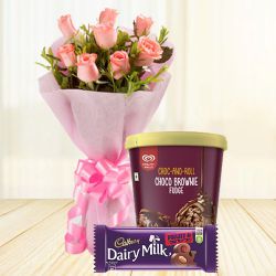 Breathtaking Pink Roses n Kwality Walls Choco Brownie Ice Cream with Cadbury Chocolates to Balasore