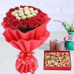 Irresistible Dry Fruits in Box with Bouquet of Red Roses n Ferrero Rocher Chocolates