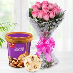 Graceful Pink Roses Bouquet with Fruit n Nut Ice-Cream from Kwality Walls