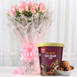 Outstanding Pink Roses Bouquet with Choco Brownie Fudge Ice Cream from Kwality Walls to Perintalmanna