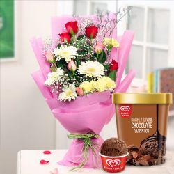 Multi-coloured Flower Arrangement with Chocolate Ice-Cream from Kwality Walls