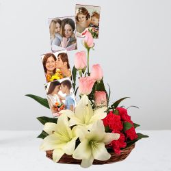 Spectacular Mixed Flowers N Personalized Photos Basket