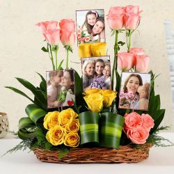 Stylish Pink n Yellow Roses with Personalized Pics in Basket to Muvattupuzha