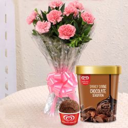 Classic Pink Carnation Bouquet with Kwality Walls Chocolate Ice Cream