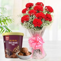 Majestic Red Carnation Bouquet With Kwality Walls Choco Brownie Fudge Ice Cream to Kanyakumari