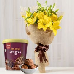 Elegant Yellow Lily Bouquet with Kwality Walls Choco Brownie Fudge Ice Cream to Nipani