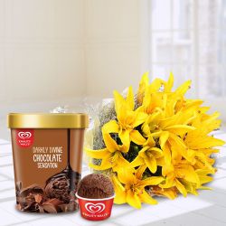 Mesmerizing Yellow Lily Bouquet with Chocolate Ice-Cream from Kwality Walls to Alwaye