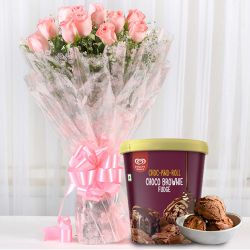 Blooming Pink Rose Bouquet with Choco Brownie Fudge Ice Cream from Kwality Walls to Kanyakumari