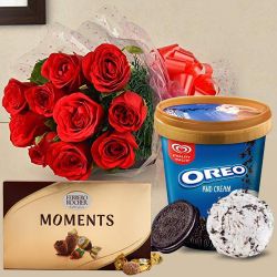 Amazing Gift of Rose Bouquet with Kwality Walls Ice Cream N Ferrero Rocher Moments to Alwaye