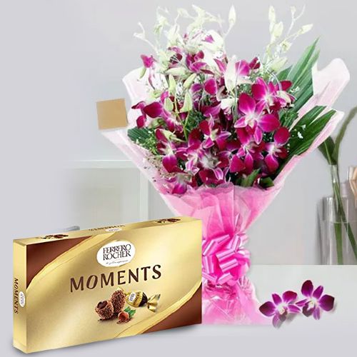 Regal Bouquet of Orchids with Ferrero Rocher Momen... to Alwaye