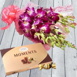 Stunning Bunch of Orchids with Ferrero Rocher Moment Chocolate Box to Rajamundri