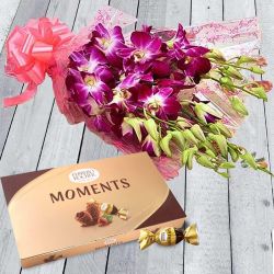 Fresh Orchids Bunch with Ferrero Rocher Moment Chocolate Box