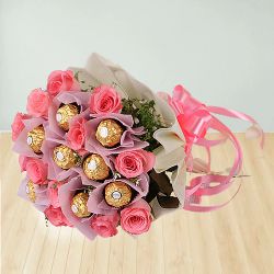 Beautiful Bouquet of Ferrero Rocher with Pink Roses to Marmagao