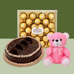 Remarkable Combo of Ferrero Rocher N Chocolate Cake with Cute Teddy to Alwaye