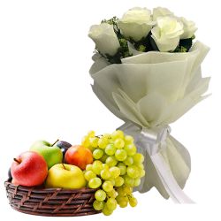 True Beauty White Roses with Fresh Fruits Basket
