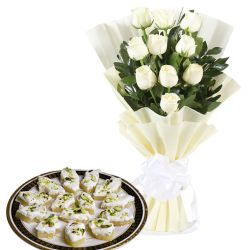 Serene White Roses Bouquet with Yummy Sandesh