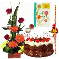 Seasonal Flower Bouquet with Fresh Baked Cake 1 Lb and 1 Rakhi to Marmagao