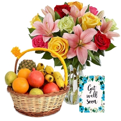 Enchanting Flowers N Fruits Basket Arrangement