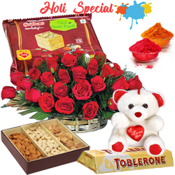 Nicely Gift Wrapped 50 Red Roses Basket Mixed Dry fruits 500 gms. Haldiram's Soan Papdi 500 gms. a small Teddy Bear and Toblerone bar 4 Pcs with free Gulal/Abir Pouch.
. 