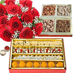 Red Rose Bouquet with Assorted Sweets and Dry Fruits 