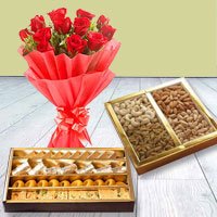 Red Rose Bouquet with Assorted Sweets and Dry Fruits 
