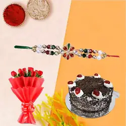 Wonderful Rakhi Celebration Gift of Red Roses and Black Forest Cake with Rakhi Roli Tilak and Chawal