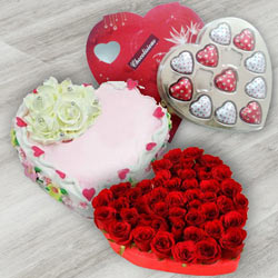 Cool Red Roses, Heart Shaped Chocolate Box and Heart Shaped Cake