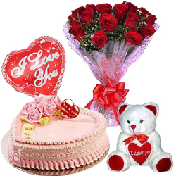 12 Exclusive Red Dutch Roses Bunch with Cute Teddy Bear, Love Cake 1 Lb And Heart Shaped Balloons to India