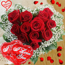 Dutch Red Roses in Heart Shape Arrangement with 2 Heart Shape Balloons