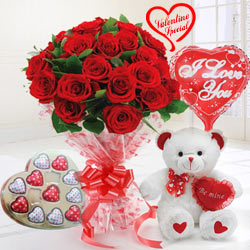 24 Exclusive Red Dutch Roses Bouquet and Heart Shape Chocolate Box, Heart Shape Balloon and Small Teddy Bear 