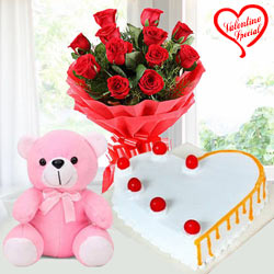 Dozen Red Roses with Teddy Bear n Cake to India